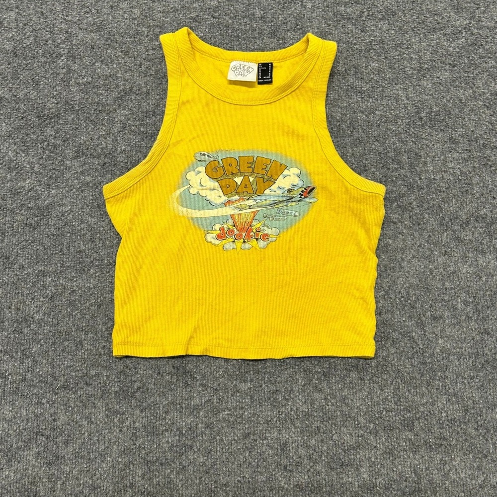 Green Day Tank Top Womens Size M Yellow Dookie Graphic Ribbed Knit Slim Fit Crop